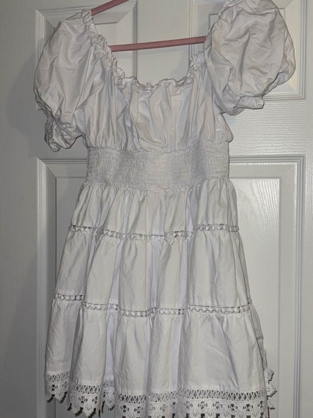 Altar'd State White Puff-Sleeve Smocked Tiered Mini Dress